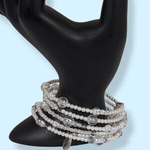 (2/$20) White & Clear Beaded Memory Wire Bracelet